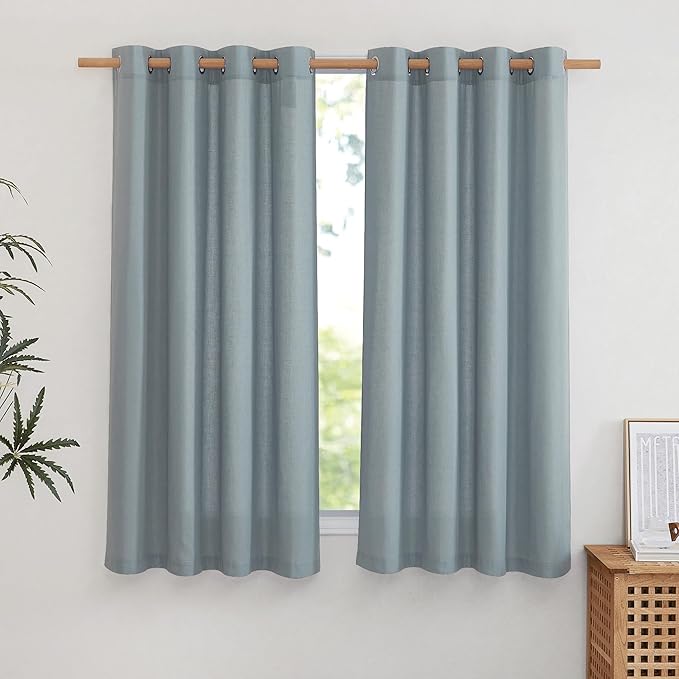 NICETOWN Linen Stone Blue Curtains 63 inch Length, Grommet Top Casual Semi Sheer Privacy Window Drapes with Light Penetration for Beach House/Bedroom, W55 x L63, 2 Panels