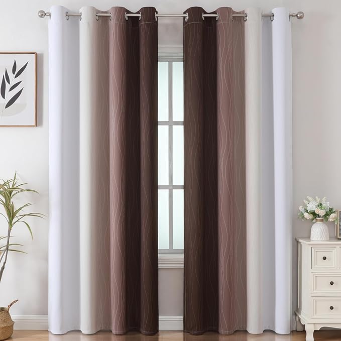 Estelar Textiler Brown and Greyish White Gradient Blackout Curtains for Bedroom, Thermal Insulated Ombre Blackout Drapes, Full Light Blocking Energy Saving Curtains for Living Room,52Wx96L,2 Panels
