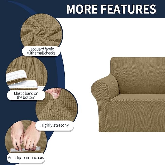 Cupuamon 2026 New Stretch Chair Sofa Slipcovers Couch Cover for 1 Seater Furniture Protector Sofa Covers with Elastic Bottom Jacquard Fabric Small Checks for Pets, Kids - Tan