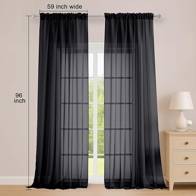 OWENIE Black Sheer Curtains, Sheer Curtains 96 inches Long 2 Panels Set, Rod Pocket Voile Fimly Sheer Drapes for Living Room/Bedroom, 2pcs, Each 59" W x 96" L