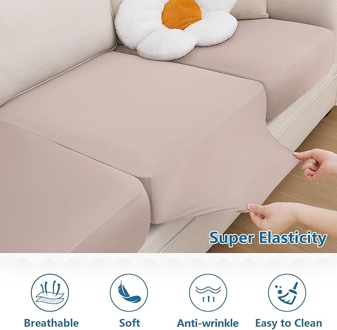 hyha Milk Silk Couch Cushion Covers, Soft Magic Sofa Covers Washable for 2 Cushion Couch, Stretch Sectional Outdoor Cushion Covers for Patio Furniture with Elastic Bottom(2 Packs, Taupe)