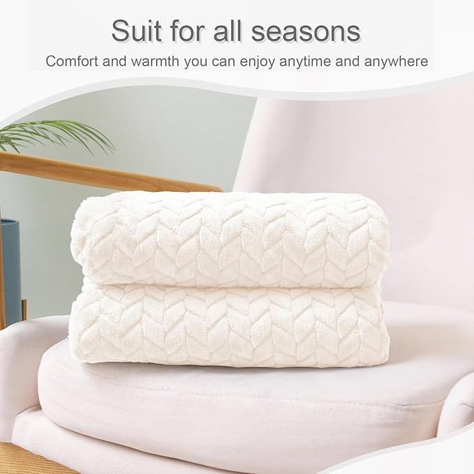 Exclusivo Mezcla Fleece Throw Blanket for Couch and Bed, 50x70 Inches Soft Cozy Jacquard Flannel Blankets, Lightweight Fuzzy Plush Warm Throws for Women, Off White