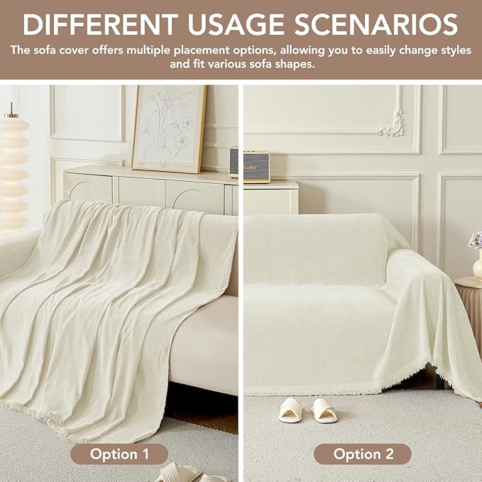 Couch Cover for Dogs, Boho Sofa Covers for 3 Cushion Couch, Chenille Sofa Slipcover for Pets Washable, L-Shape Sectional Couch Loveseat Cover Soft Throw Blankets with Tassels(91x134,Cream)