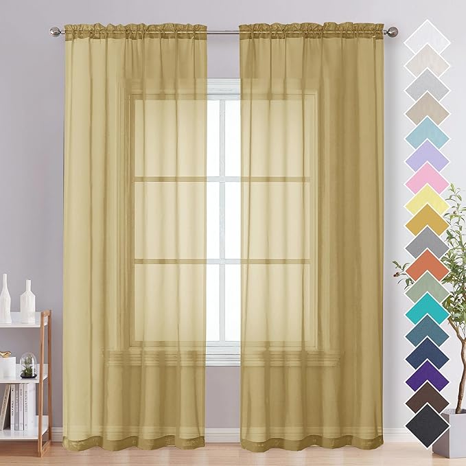 OVZME Gold Sheer Curtains 84 Inches Long 2 Panels - Soft Light Filtering Window Sheer Panels for Living Room/Bedroom, Top Dual Rod Pocket, 1 Pair, Each 42Wx84L Inches
