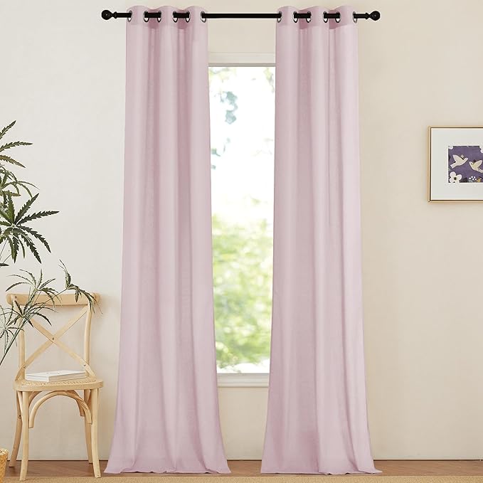 NICETOWN Blush Pink Linen Curtains for Kitchen, Thick Flax Small Window Treatments Semi Sheer Privacy Assured with Light Through for Cafe/Bathroom, W34 x L96, 2 Panels
