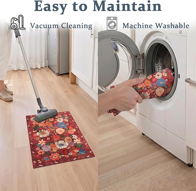Area Rugs 24x17 Inch Home Decor Entry Rug, Small Door Mat Bath Mats for Bathroom, Ultra-Thin Non Slip Floral Low Pile Tub Mat for Sink Shower Doorway Tub Kitchen Sink(2 x 1.4 ft, Red Garden)