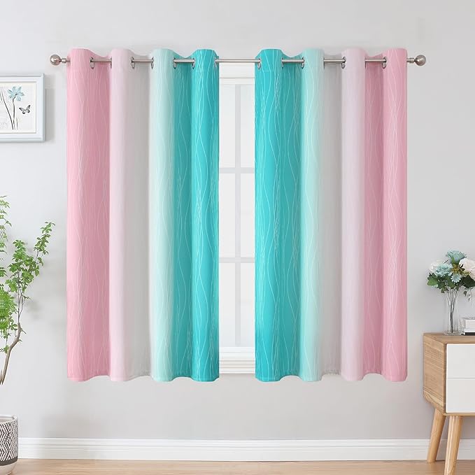 Estelar Textiler Pink and Teal Blackout Curtains 45 Inch Length, Full Light Blocking Gradient Drapes for Kitchen, Thermal Insulated Grommet Ombre Curtains for Bathroom, 52Wx45L, 2 Panels