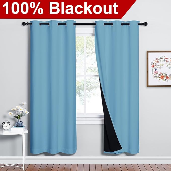 NICETOWN Teal Blue Full Shade Curtain Panels, 37" Wide x 70" Long, Teal Blue, Pair of Thermal Insulated & Energy Efficiency Blackout Drapes for Living Room, Lined Silky Performance Window Dressing