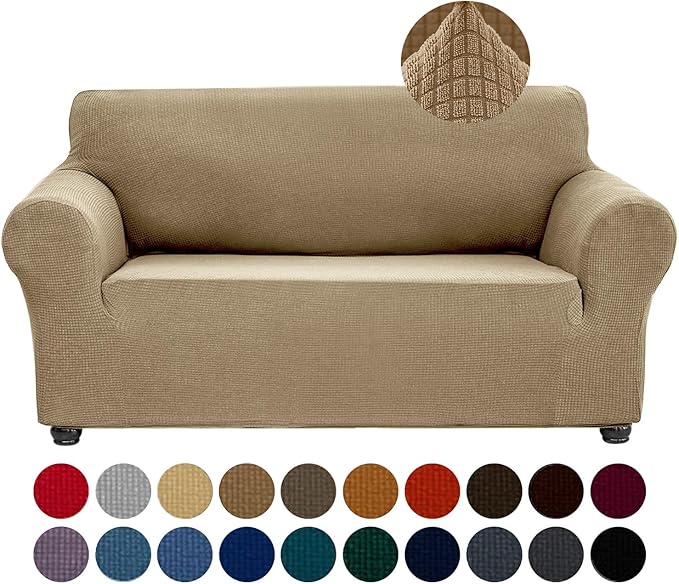 Joccun Stretch Loveseat Couch Cover Slipcover, 1-Piece Sofa Cover for 2 Cushion Couch Spandex Jacquard Washable Furniture Protector Cover for Living Room,Kids,Pets（Loveseat,Tan）