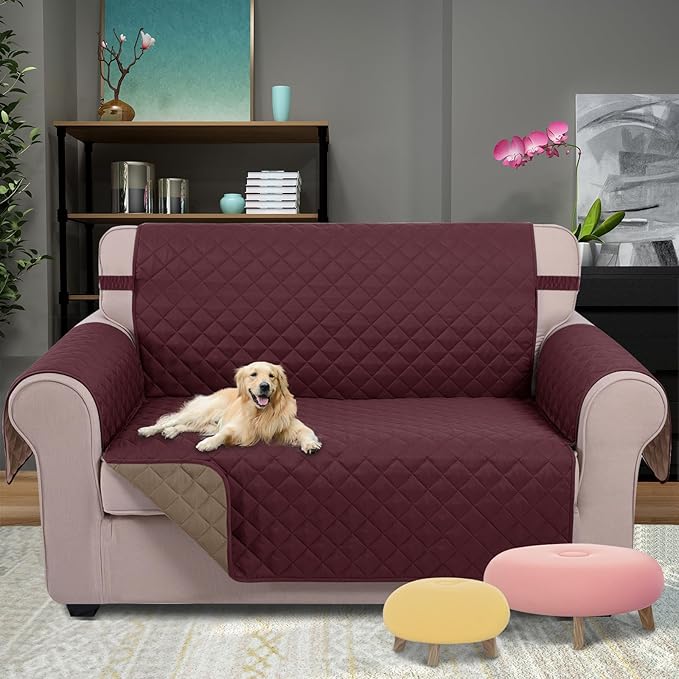 U-NICE HOME Loveseat Sofa Cover Reversible Couch Covers for 2 Cushion Couch for Dogs Furniture Protector Cover with Elastic Straps Water Resistant(Loveseat Small, Burgundy/Tan)