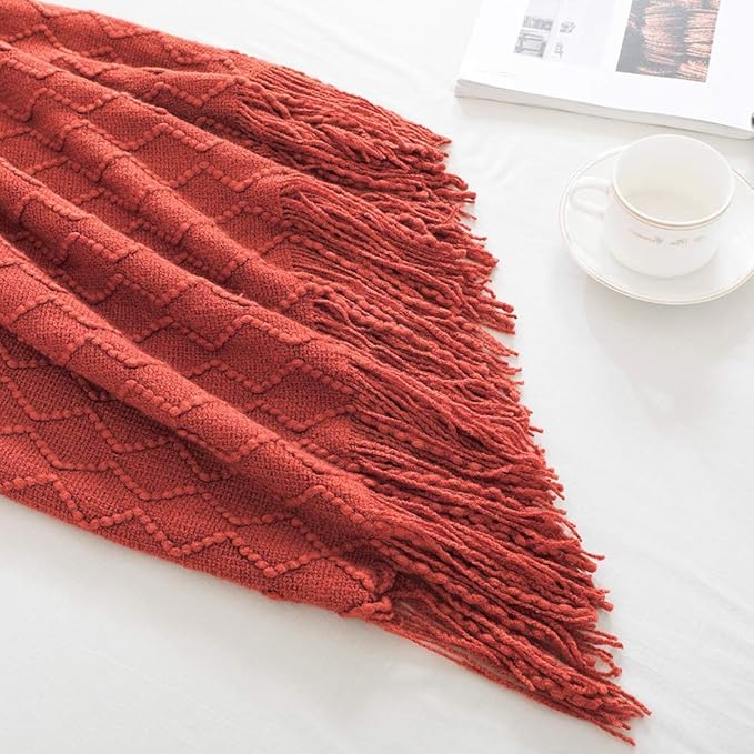 BOURINA Rust Throw Blanket 50 x90 Inches Textured Solid Soft Sofa Throw Bed Runner Knitted Decorative Blanket
