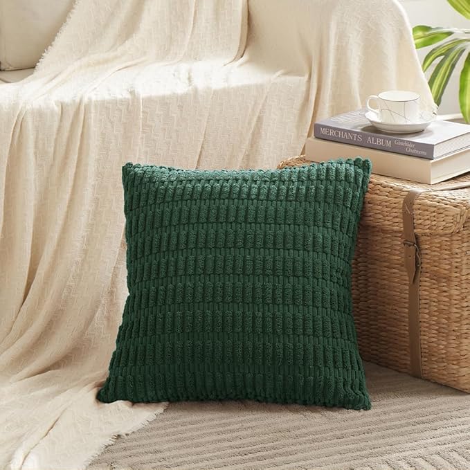 Fancy Homi Set of 4 Dark Green Boho Decorative Throw Pillow Covers 22x22 Inch for Couch Bed Sofa, Aesthetic Modern Bohemian Room Decor, Soft Fuzzy Fluffy Cozy Corduroy Textured Cushion Case 55x55cm