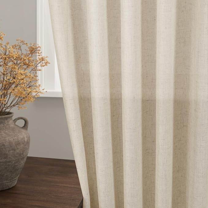 Beige Linen Curtain 96 inches Long for Living Room Back Tab Neutral Vintage Country Rustic Farmhouse Curtain Burlap Textured Canvas Cloth Look Drapes 96 inch Length for Dinning Room Bedroom 8 FT