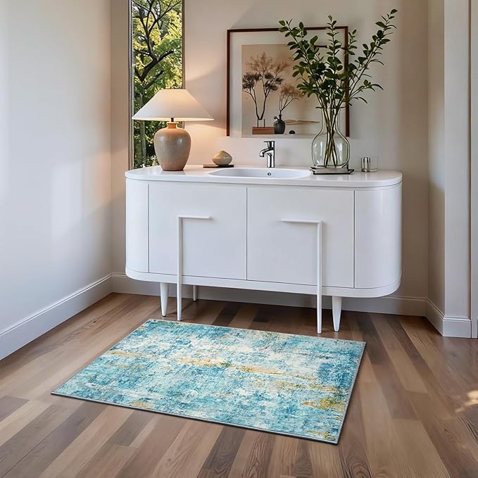 Entrance Rugs Indoor 2x3 Teal Blue Entry Rug Washable Abstract Small Area Rug Non-Slip Low Pile Throw Rugs for Entryway, Kitchen Floor, Front Door Indoor Door Mat, Bathroom, Bedroom Bedside