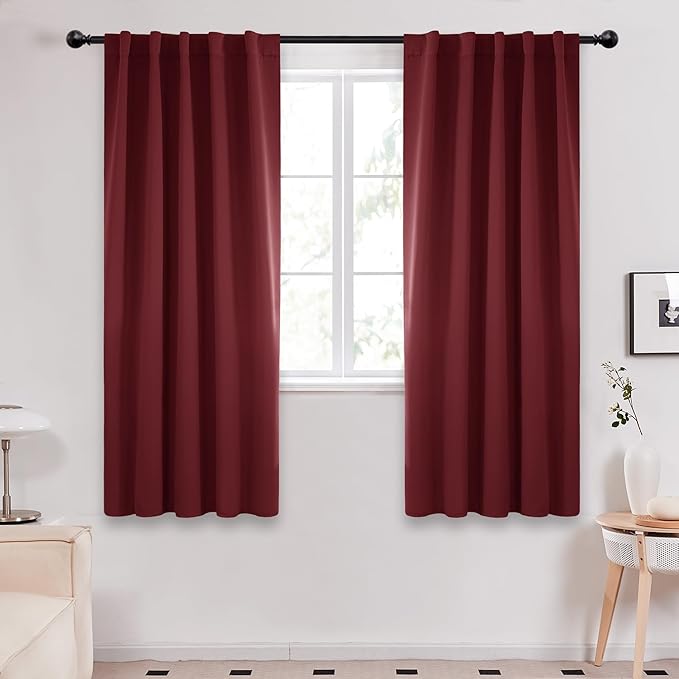 Deconovo Solid Room Darkening Curtains Rod Pocket and Back Tab Blackout Curtains for Bedroom 42Wx63L Inch Burgundy Red 2 Panels