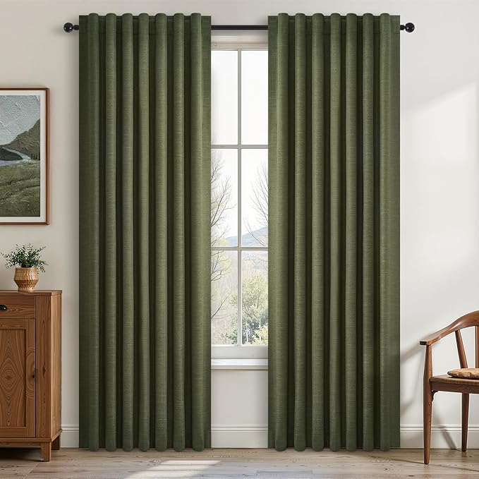 Topfinel Dark Green Curtains 86 Inches Long 2 Panels Set 100% Blackout Linen Curtains for Living Room Heat Preservation Vintage Drapes for Bedroom Back Tab Pleated (Olive,2Panels W52 xL86)