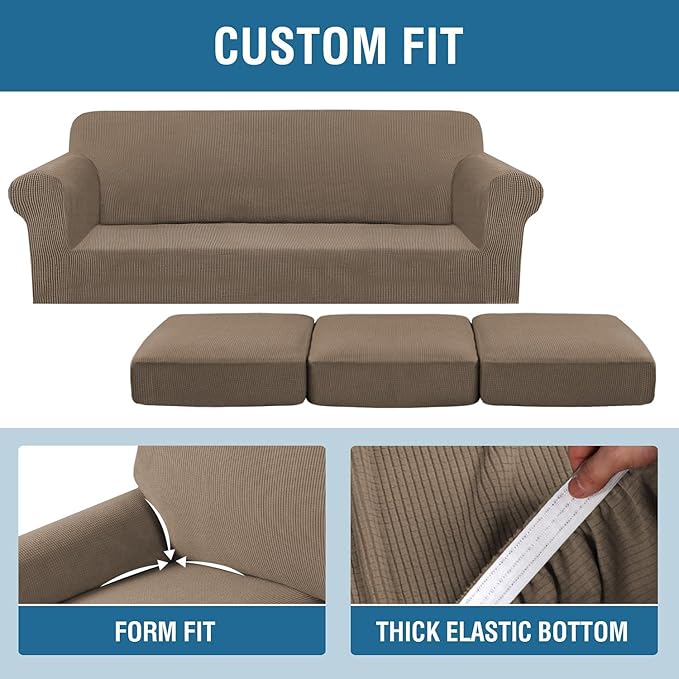 H.VERSAILTEX 4 Piece Stretch Sofa Covers for 3 Cushion Couch Covers for Living Room Furniture Slipcovers (Base Cover Plus 3 Seat Cushion Covers) Upgraded Thicker Jacquard Fabric (Sofa, Macchiato)