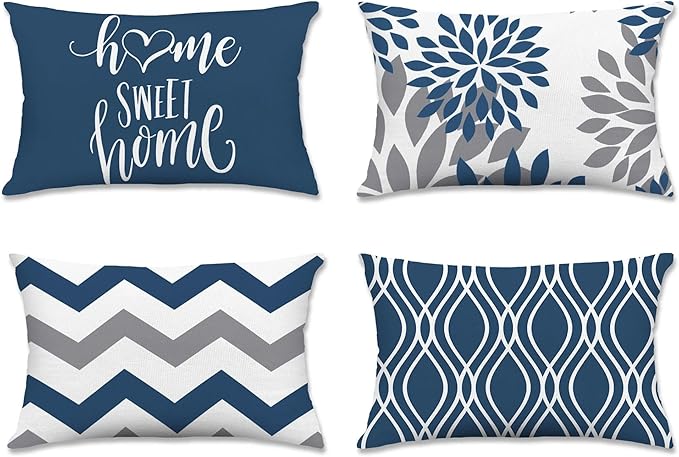 Hexagram Geometric Blue Pillow Covers 12x20 Set of 4, Decorative Outdoor Boho Modern Throw Pillow Covers, Home Sweet Home Farmhouse Cushion Case for Couch Sofa Bedroom Indoor Decor(No Insert)