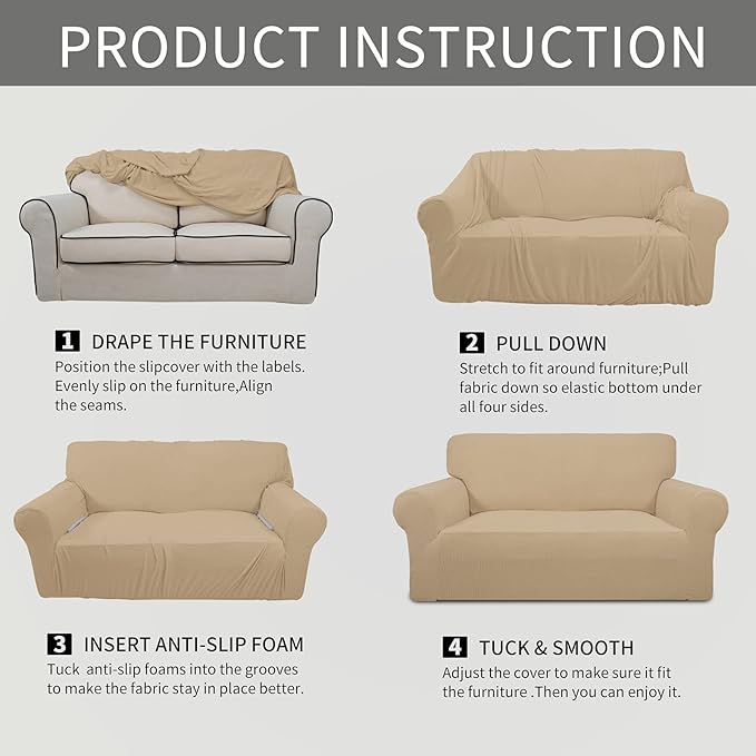 Easy-Going Stretch Oversized Loveseat Slipcover 1-Piece Sofa Cover Furniture Protector Couch Soft with Elastic Bottom for Kids Polyester Spandex Jacquard Fabric Small Checks Sand