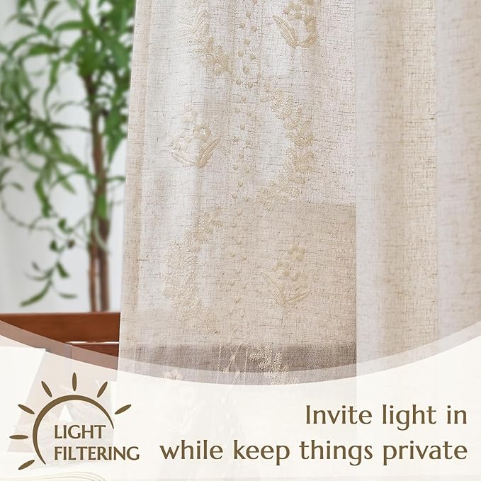 jinchan Belrose Linen Curtains for Bedroom Floral Curtains 63 Inch Length Linen Blend Ivory Embroidered Drapes Farmhouse Flower Patterned Drapes for Living Room Window Treatments Set 2 Panels