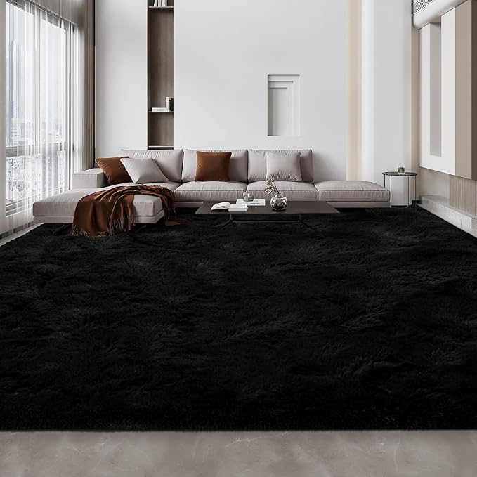 Large Shag Area Rugs 10 x 14, Tie-Dyed Plush Fuzzy Rug for Living Room, Ultra Soft Fluffy Furry Rugs for Bedroom, Anti-Skid Indoor Carpet Nursery Rugs for Kids Room Home Decor, Black