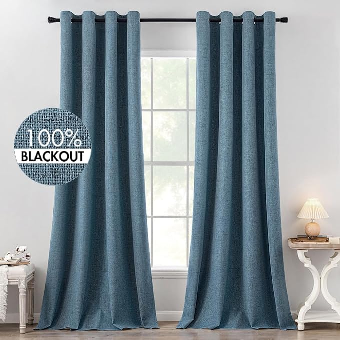 MIULEE Linen Texture Curtains for Bedroom Solid Blackout Thermal Insulated Dusty Blue Curtains Grommet Room Darkening Draperies for Living Room Nursery 52x120 Inch (2 Panels)
