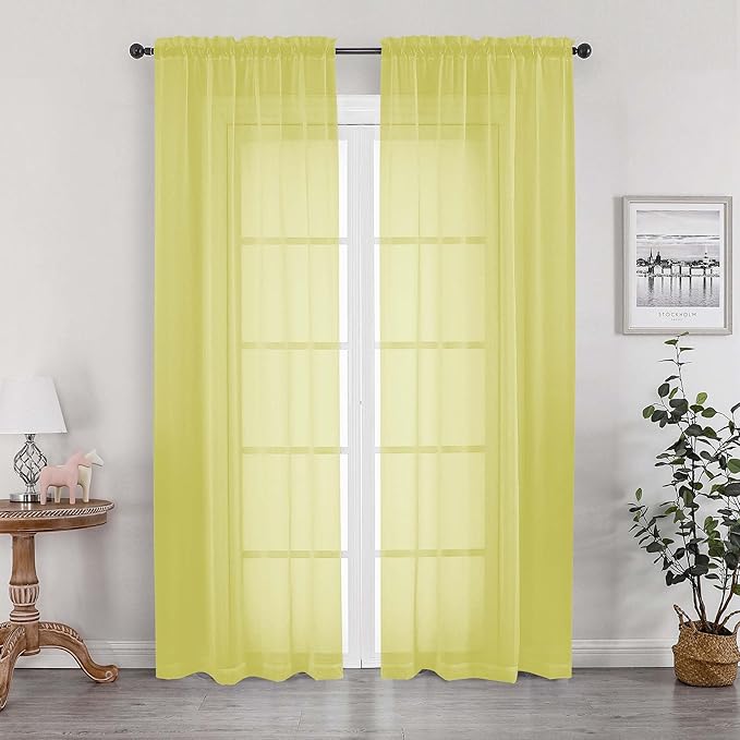 OWENIE Lemon Sheer Curtains 84 Inches Long for 2 Panels Set, Solid Light Filtering Voile Sheer Curtains for Living Room Bedroom, Modern Rod Pocket Lemon Curtain, 2 Pcs Total 84 Width 84 Long