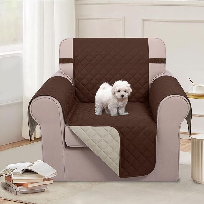 U-NICE HOME Recliner Chair Covers Reversible Chair Cover Pet Covers for Dogs with Elastic Straps Water Resistant Diamond Quilted (23''Armchair, Brown/Beige)