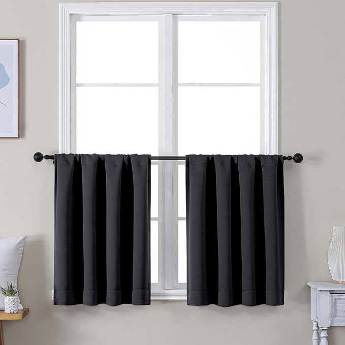 Simplebrand Ava Black Short 30 Inches Blackout Curtain 2 Panels Set, Half Window Rod Pocket Privacy Curtain Tiers for Kitchen, Curtains Blackout for Bathroom Shades, W30 x L30 Inch, Black