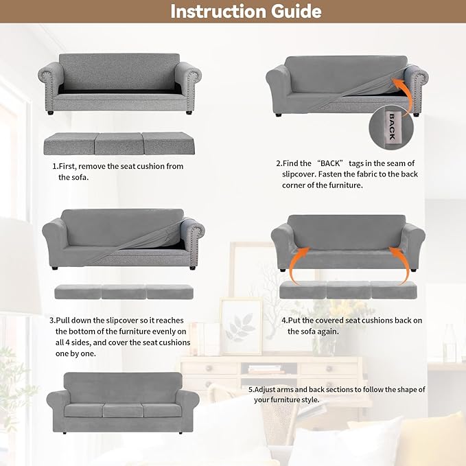 WEERRW 4 Pieces Velvet High Stretch Couch Covers for 3 Cushion Couch Sofa Slipcovers, Washable Furniture Protector with Non Slip Elastic Bottom, Feature Soft and Thick Plush Fabric, Silver Grey, Large