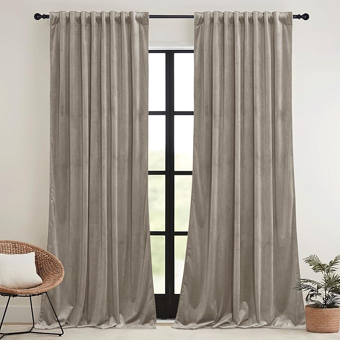 RYB HOME Taupe Velvet Curtains with Hook Tape, Back Tab Thermal Insulated Privacy Protect Decorative Drapes for Bedroom Home Office, W 52 x L 90 inches, 2 Panels Set