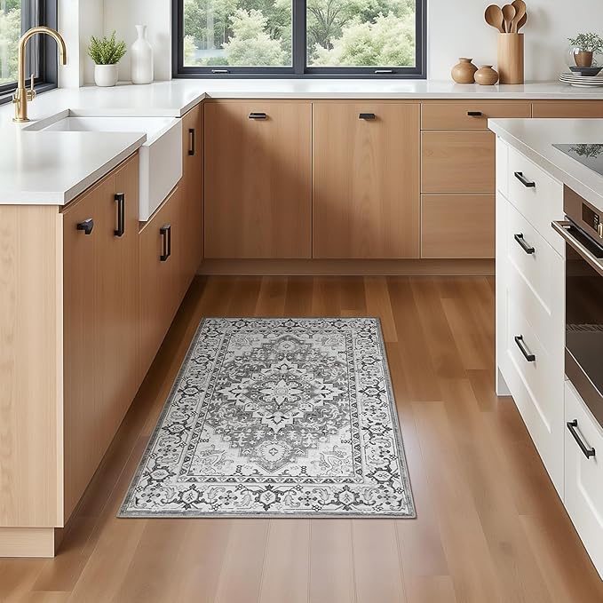Lofus 2x3 Washable Rug for Entryway Bathroom, Non Slip Kitchen Mats for Floor, Vintage Soft Door Mat Indoor Entrance, Small Area Rugs, Farmhouse Carpet for Entry Living Room Bedroom, Floral Grey