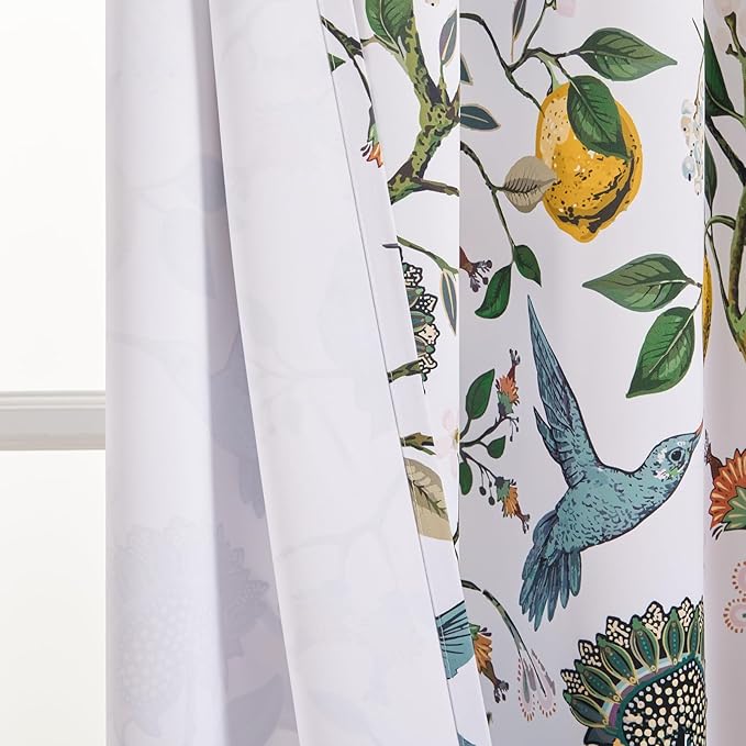 Topfinel 90 Inches Long Custom Window Curtains, Unique Chinoiserie Safari Floral Hummingbird Plant Lemon Patterned Extra Wide Noise Dampening Grommet White Satin Shabby Chic Drapes for Living Room