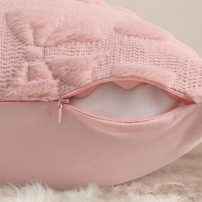decorUhome Pink Bow Pillow Covers Set of 2 Coquette Aesthetic Cute Preppy Plush Faux Pillowcases for Girly Bedroom or Couch 16x16 Inch