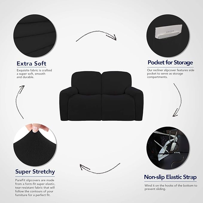 PureFit Super Stretch Loveseat Recliner Sofa Couch Cover with Pocket – 2 Seats Non Slip Soft Sofa Slipcover, Washable Reclining Furniture Protector for Kids, Pets (Recliner Loveseat, Black)