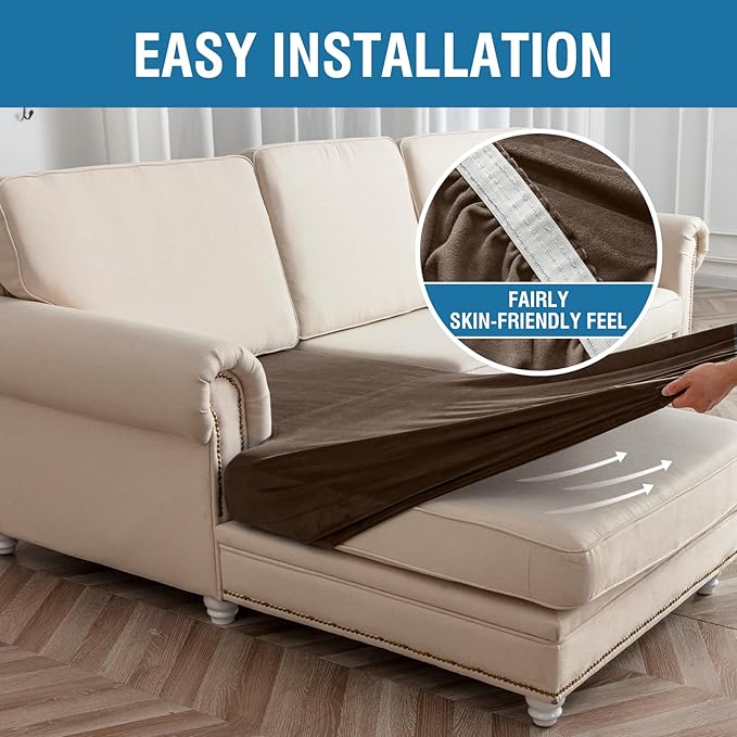 Couch Cover 6-Piece Elastic Velvet Couch Cushion Covers & Chaise Slipcovers for L-Shaped Sofas - Sofa Seat Covers Washable, Soft Protector for Couches (5 Seater + Chaise, Coffee)