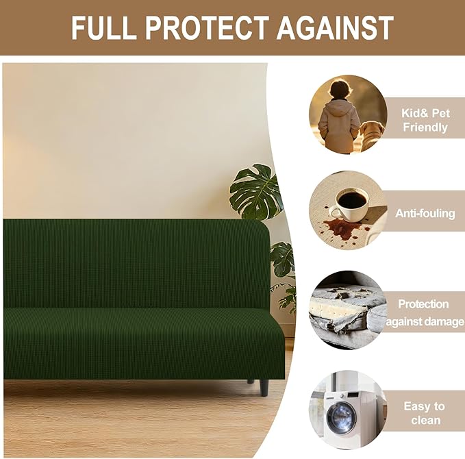 U-NICE HOME Stretch Futon Cover Armless Bed Slipcover - Soft Jacquard Fabric Washable for Pet Friendly, Bronze Green