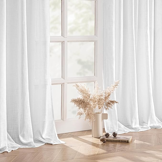 MIULEE White Linen Curtains 108 Inches Long 2 Panels for Bedroom Living Room, Soft Thick Linen Textured Back Tab Window Drapes Semi Sheer Light Filtering Rod Pocket Modern Farmhouse Decor