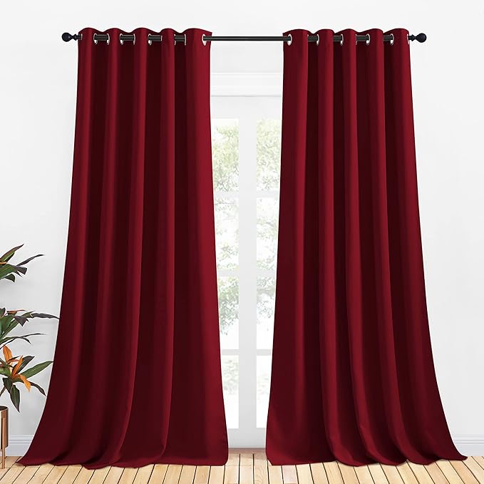 NICETOWN Christmas Burgundy Window Curtains Blackout Drapes, Thermal Insulated Solid Grommet Blackout Curtains/Draperies for Laundry Room (One Pair, 70 by 95-inch, Burgundy Red)