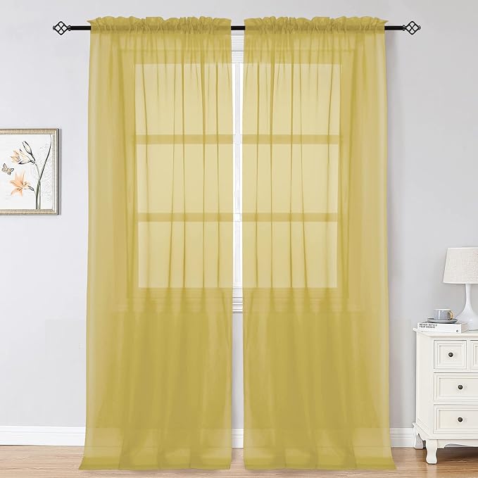 OWENIE Gold Sheer Curtains 96 Inch Length 2 Panels Set, Elegant Sheer Curtains for Bedroom, Window Voile Sheer Curtain Panels/Drapes/Treatment for Living Room, 2Pcs, Total 84“ Wide