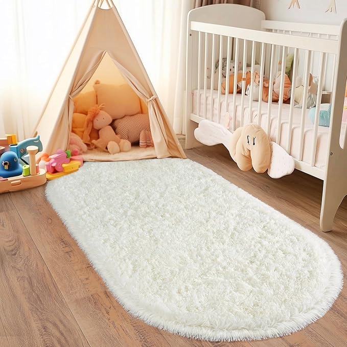 Pionblank Fluffy Oval Rug for Bedroom 2.6x5.3, Shag Throw Rugs for Bedside, Ultra Soft Cute Plush Carpet for Girls Boys Room Living Room Nursery Dorm Home Decor, Cream White