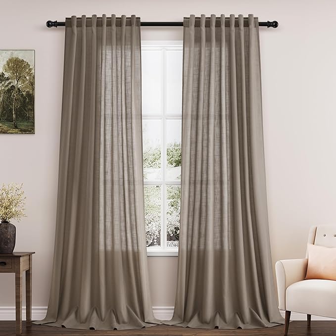 Dark Taupe Linen Curtains 96 Inches Long for Living Room Rod Back Tab Vintage Rustic Farmhouse Light Filtering Curtain Burlap Textured Linen Drapes 96 Inch Length for Dinning Room Bedroom 52x96 8FT