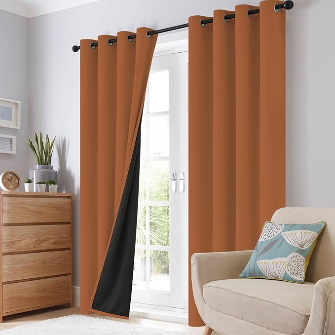 SimpleHome 100% Blackout Curtains for Bedroom,Thermal Insulated Orange Grommet Window Drapes Room Darkening Curtains for Living Room with Black Back,52 x 63 Inch,2 Panels