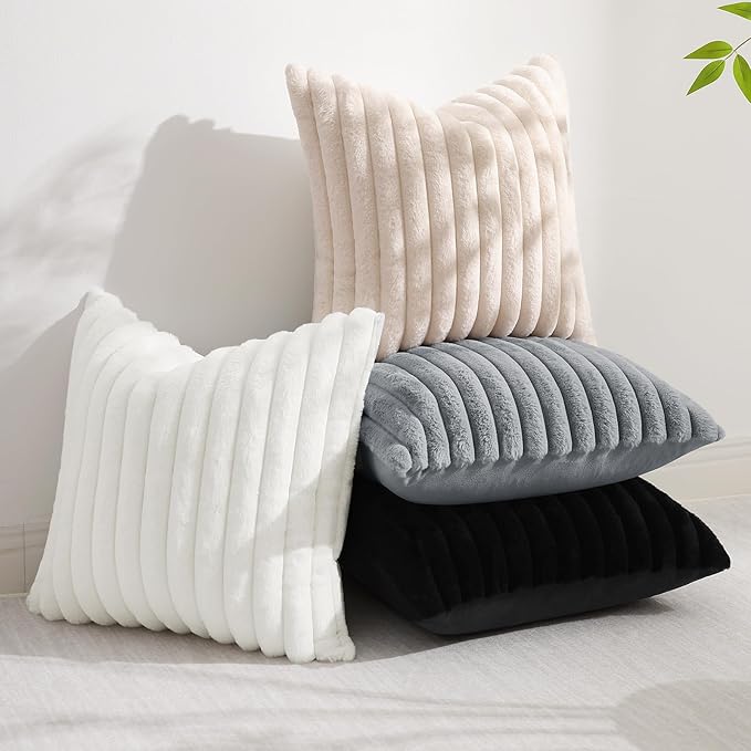 decorUhome Cozy Faux Fur Throw Pillow Covers 22x22 Set of 2 Decorative Soft Plush Striped Modern Farmhouse Boho Couch Euro Sham Pillow Cases with Velvet Back for Sofa Bed Living Room, Black