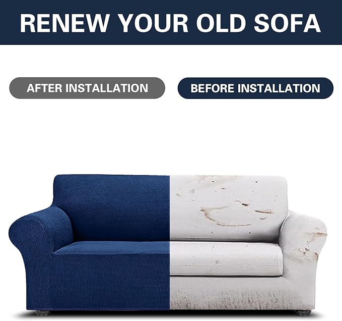 Cupuamon 2026 New Stretch Sofa Slipcovers Couch Cover for 3 Cushion Furniture Protector Sofa Covers with Elastic Bottom Jacquard Fabric Small Checks for Pets, Kids -Sofa, Classic Blue