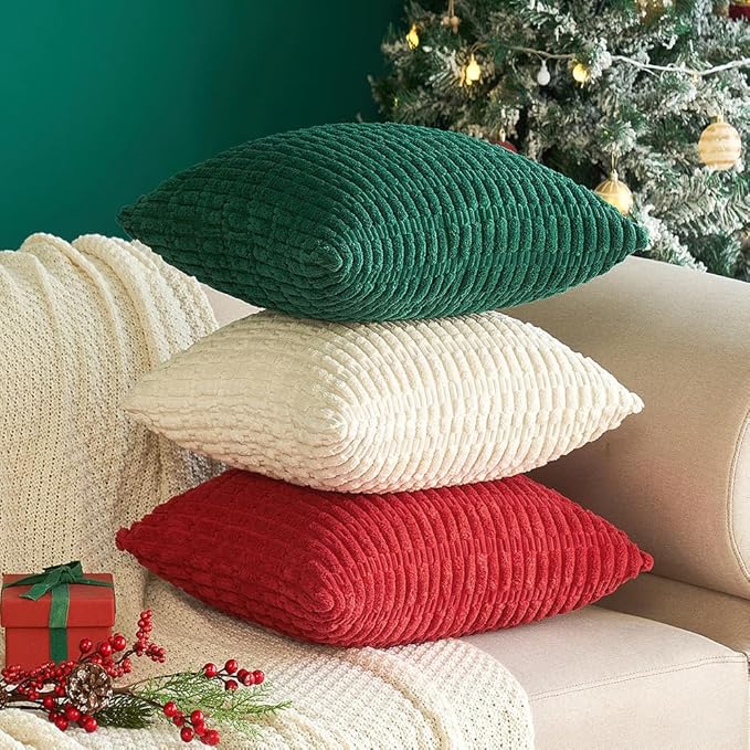 MIULEE Pack of 2 Dark Green Corduroy Decorative Pillow Covers 18x18 Inch Soft Boho Striped Throw Pillow Covers Modern Farmhouse Home Decor for Sofa Living Room Couch Bed