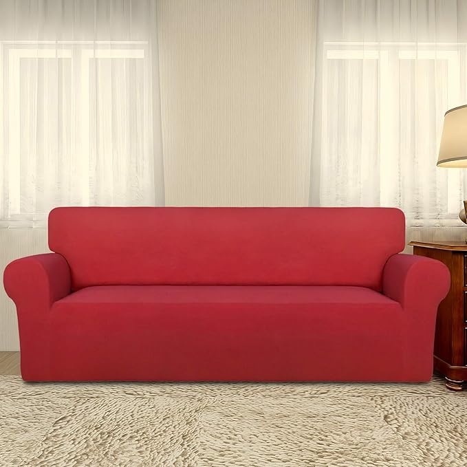PureFit Super Stretch Sofa Slipcover – Spandex Non Slip Soft Couch Sofa Cover, Washable Furniture Protector with Non Skid Foam and Elastic Bottom for Kids, Pets （Oversized Sofa, Red）