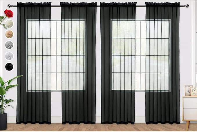 SpaceDresser Black Sheer Curtains 4 Panels Rod Pocket Semi-Sheer Curtain 96 Inches Long Light Filtering Voile Window Drapes for Bedroom Living Room Kitchen, Each 52W x 96L
