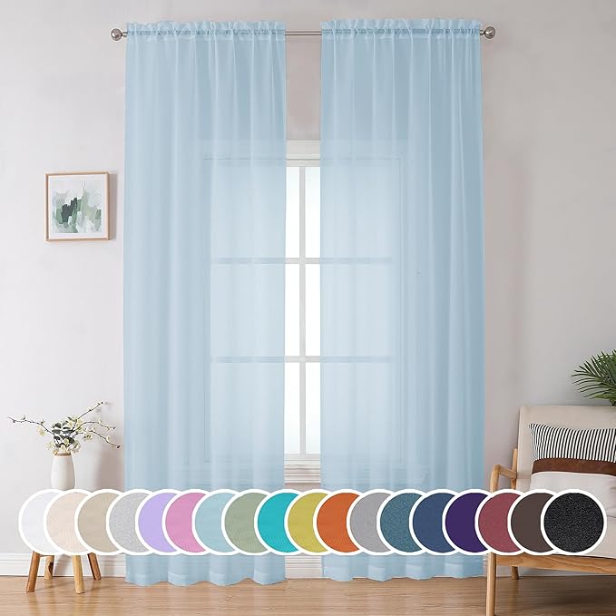 OWENIE Sheer Curtains 96 inches Long for Bedroom Living Room, Solid Light Filtering Fimly Sheer Curtains with Rod Pocket Top, Soft Sheer Long Curtains, Each 42Wx96L inch, Sky Blue