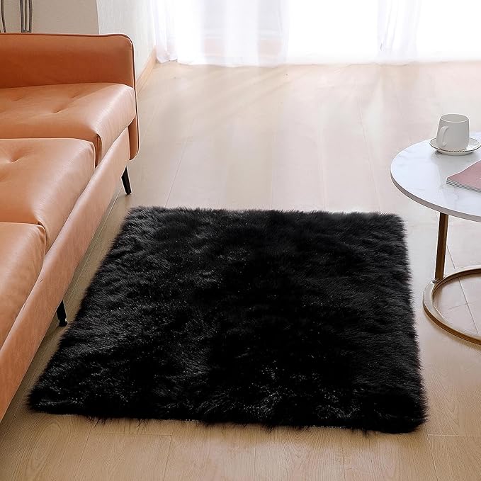 linmopm Faux Fur Rug Sheepskin Shag Fluffy Fuzzy Black 3x4 ft Rugs for Bedroom Bedside Bed Floor Living Room Plush Rectangle High-Density Cushion Carpet Super Sofa Cover